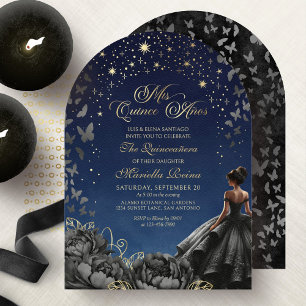 Black Dress Celestial Stars Quinceanera Invitation