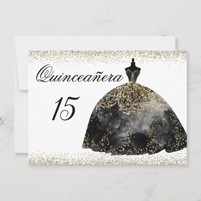 Black Dress Gold Glitter Quinceanera invitation (Front)