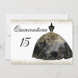 Black Dress Gold Glitter Quinceanera invitation