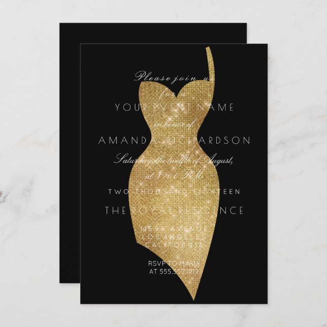 Black Dress Golden Sparkly Minimal Formal Sequin Invitation (Front/Back)