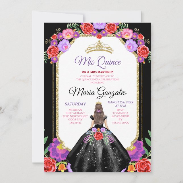 Black Dress Mis Quince 15 Anos Mexican Floral Gold Invitation (Front)