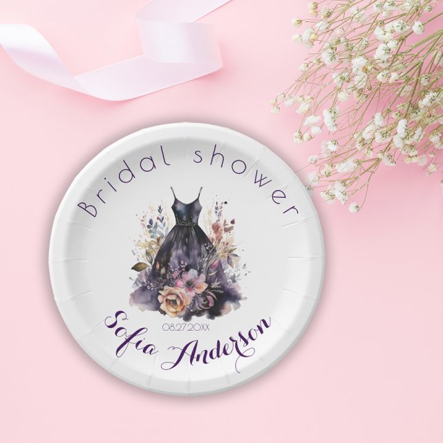 Black dress purple bridal shower  paper plate (Creator Uploaded)