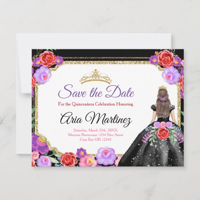 Black Dress Quinceañera Save the Date Mexican Card (Front)