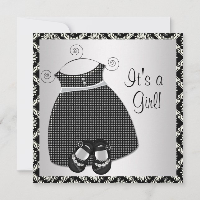 Black Dress Shoes Black Damask Baby Girl Shower Invitation (Front)
