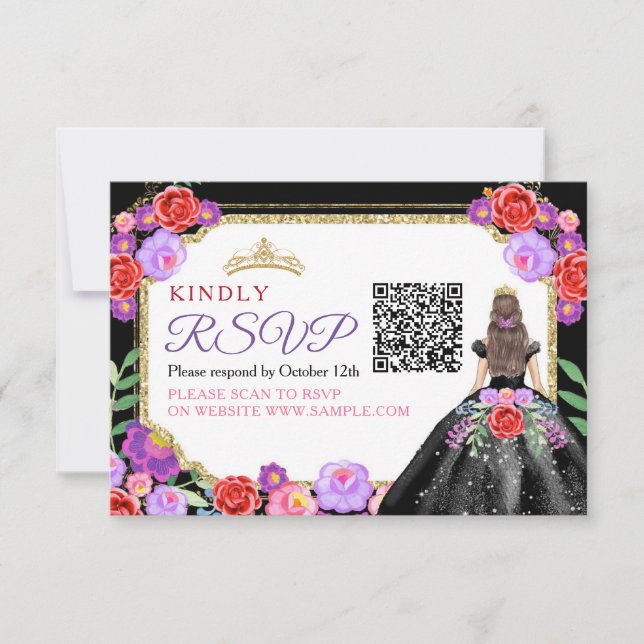 Black Dresses Mexican Quinceañera QR RSVP Card (Front)