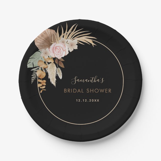 Black Dried Palm Leaf Pampas Grass Bridal Shower Paper Plate (Front)
