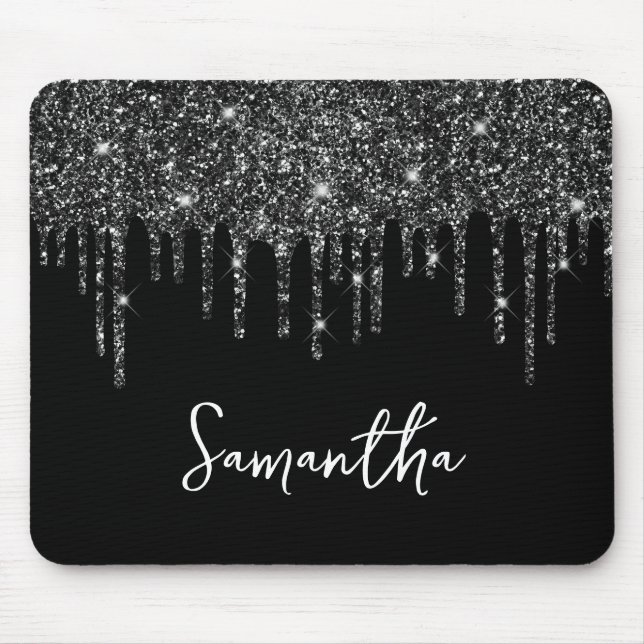 Black Dripping Glitter Glam Name Mouse Mat (Front)
