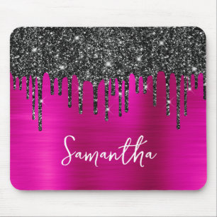 Black Dripping Glitter Hot Pink Glam Name Mouse Mat