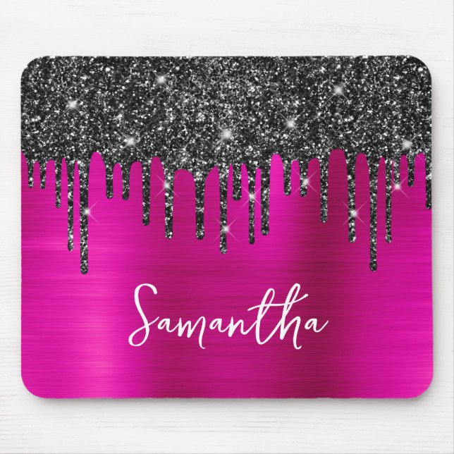 Black Dripping Glitter Hot Pink Glam Name Mouse Mat (Front)