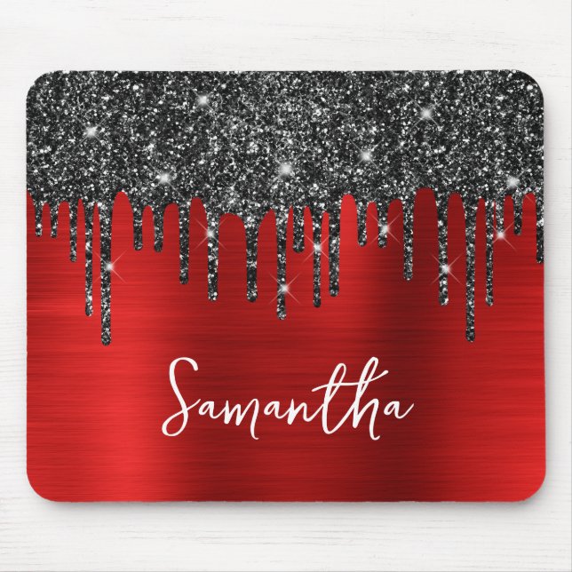 Black Dripping Glitter Red Glam Name Mouse Mat (Front)
