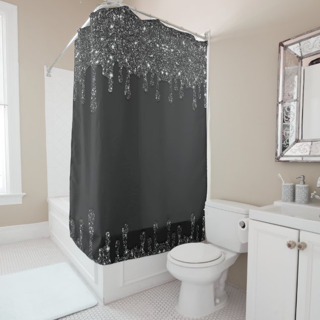 Black Dripping Glitter Shower Curtain (In Situ)