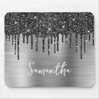 Black Dripping Glitter Silver Glam Name Mouse Mat