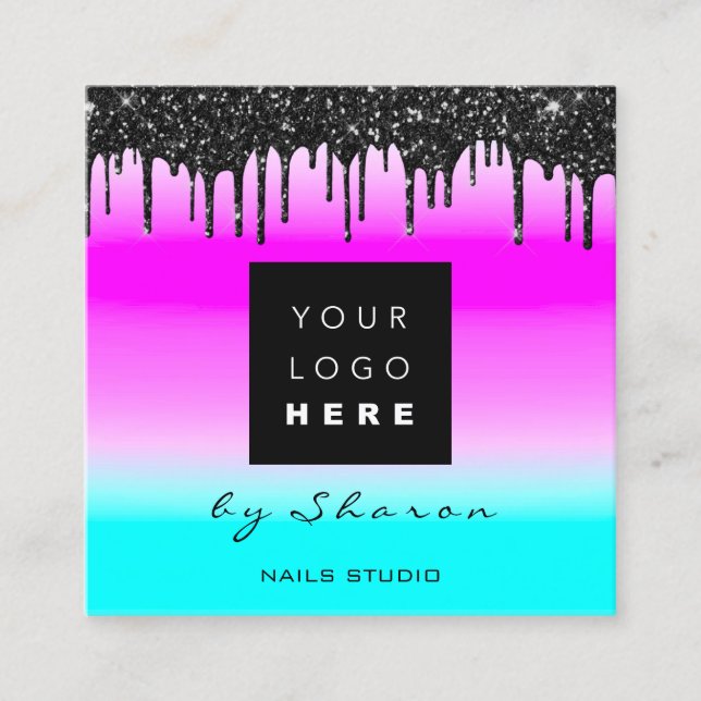 Black Drips 6 Punches QRCodeLogo Hair Blue Pink Square Business Card (Front)