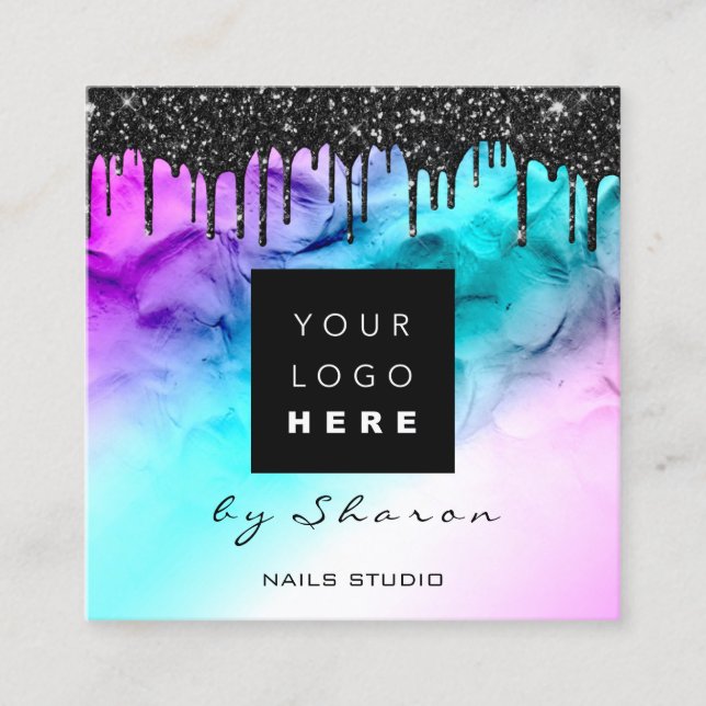 Black Drips 6 Punches QRCodeLogo Hair Nail Pink Square Business Card (Front)