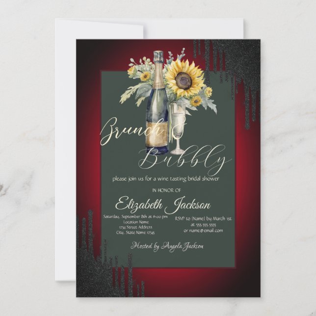 Black Drips Sunflowers Red Brunch & Bubbly Invitation (Front)
