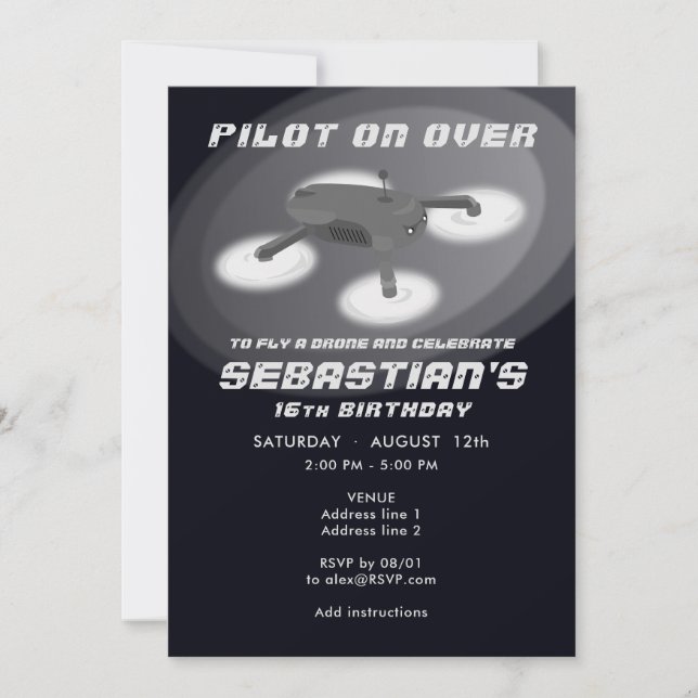 Black Drone Racing RC Aerial Vehicle Birthday Invitation (Front)