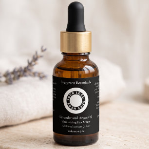 Black dropper bottle label with logo