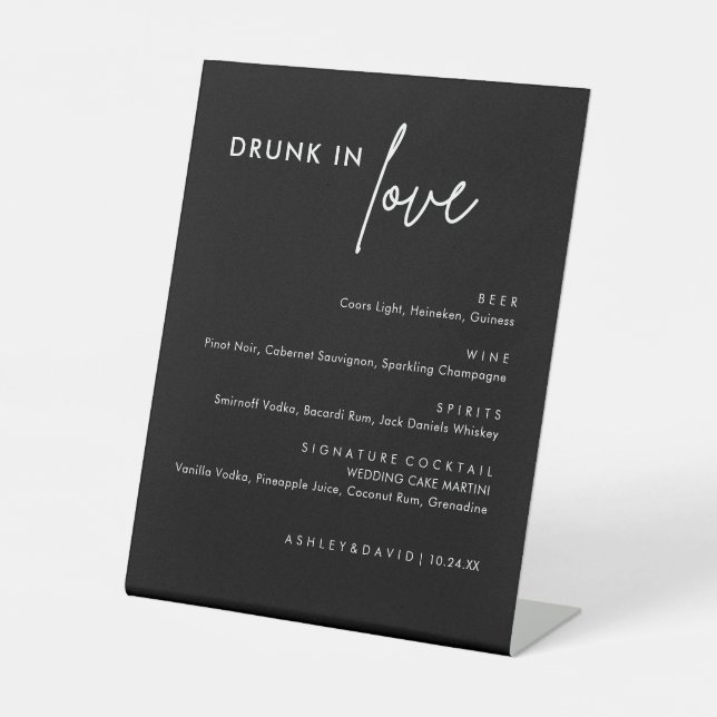 Black Drunk In Love Modern Wedding Bar Sign (Front)
