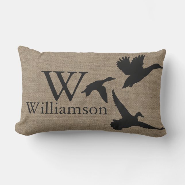 Black Duck Silhouettes Faux Burlap Family Name Lumbar Cushion (Front)