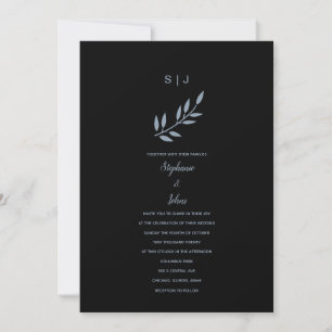 Black Dusty Blue Leaf Monogram Wedding 2024 Invitation