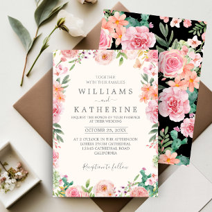 Black Dusty Blush Pink & Peach Floral Wedding Invitation