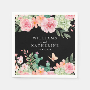 Black  Dusty Blush Pink & Peach Floral Wedding Napkin