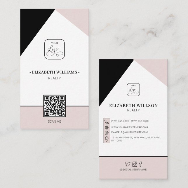 Black Dusty Pink Custom Business Logo & QR Code Card (Front/Back)
