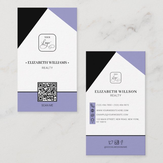 Black Dusty Purple Custom Business Logo & QR Code Card (Front/Back)