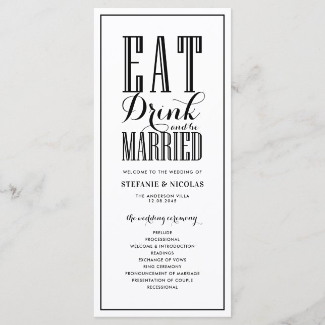 Black | Eat Drink and be Married Wedding Programs Programme (Front)