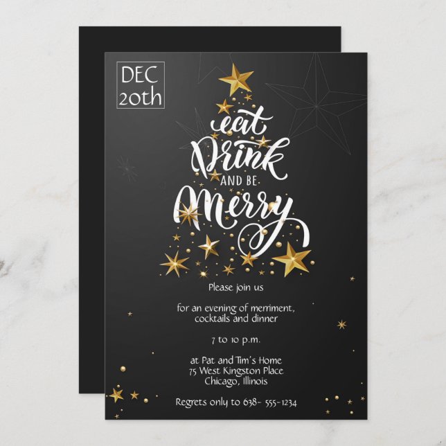 Black Eat, Drink & be Merry Christmas Party Invitation (Front/Back)