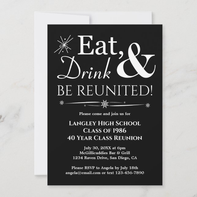 Black Eat Drink Be Reunited Retro Class Reunion Invitation (Front)