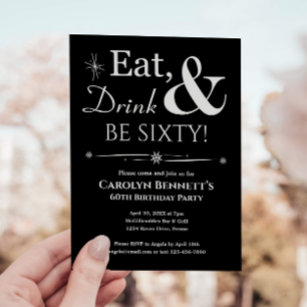 Black Eat Drink Be Sixty 60th Birthday Midcentury Invitation