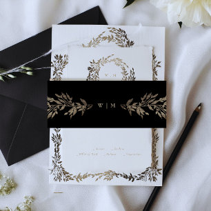 Black Ebony Botanical Gold Monogram Wedding Invitation Belly Band