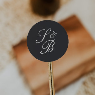 Black & Ecru Classic Script Monogram Wedding Round Sticker