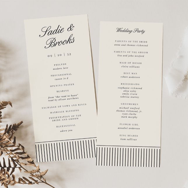 Black & Ecru Classic Script Pinstripe Wedding Programme (Creator Uploaded)