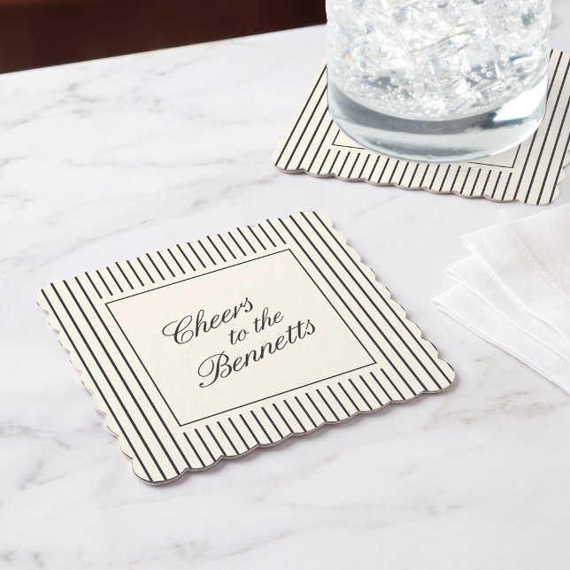 Black & Ecru Classic Script Wedding Paper Coaster (Creator Uploaded)