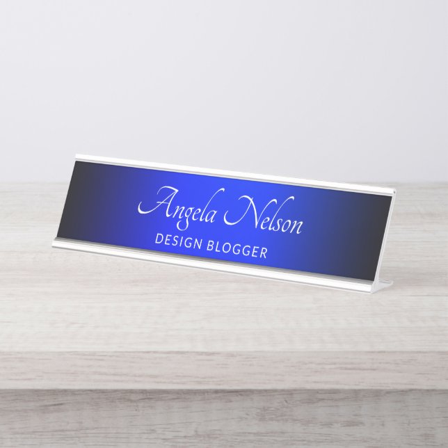 Black Edge Sapphire Blue Ombre Desk Name Plate (Front)