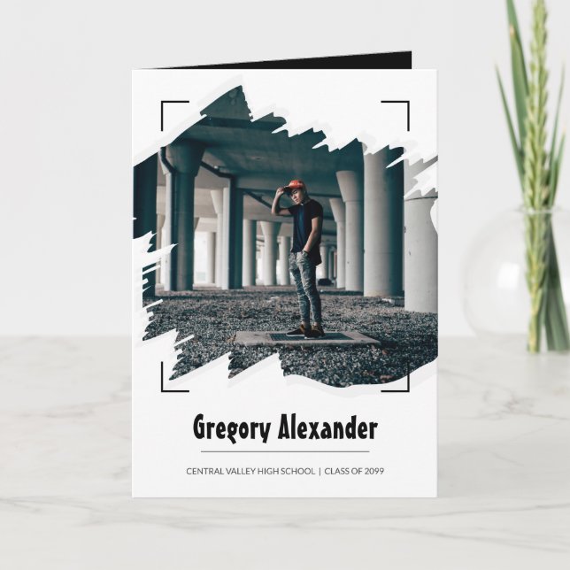 Black Edgy Abstract Brushstroke Photo Graduation Invitation (Front)