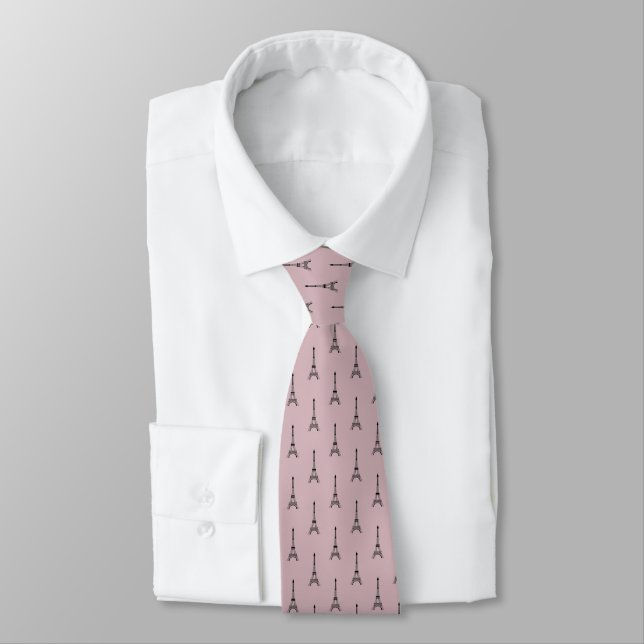 Black Eiffel tower pattern on dusty pink Tie (Tied)