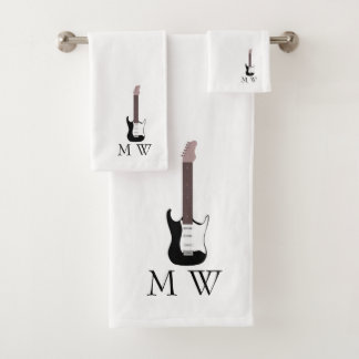 Black Electric Guitar Design Monogrammed Bath Towel Set
