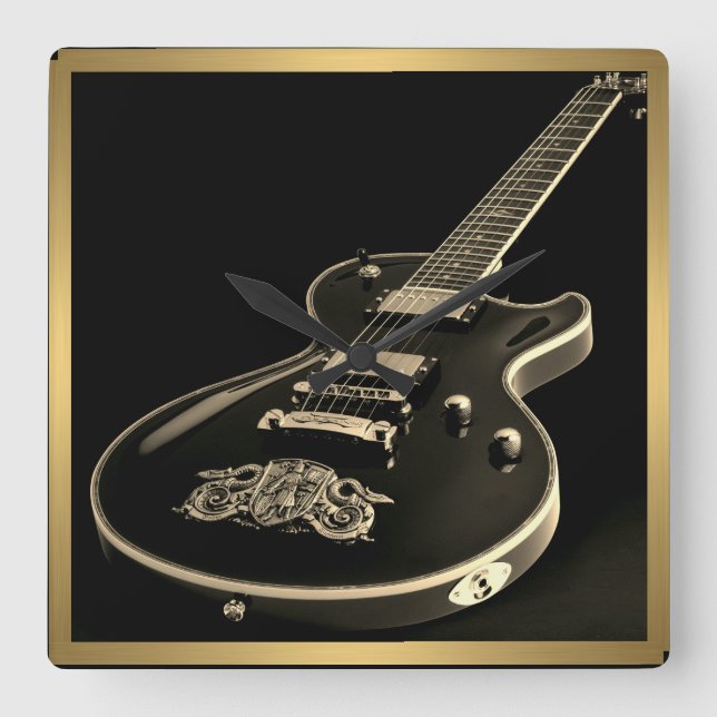 Black Electric Guitar on Black, Gold Trim on a Square Wall Clock (Front)