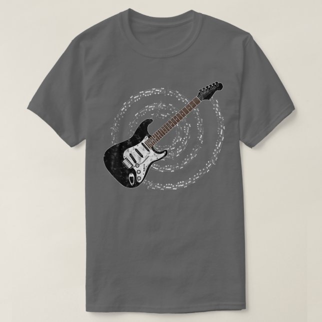 Black Electric Guitar Spiralling Musical Notes  T-Shirt (Design Front)