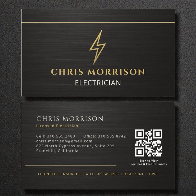 Black Electrician Metallic QR Code Business Card (Creator Uploaded)