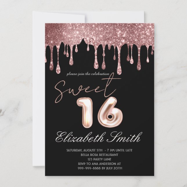 Black Elegance,  Rose Gold Drips  Sweet Sixteen    Invitation (Front)
