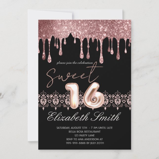 Black Elegance,  Rose Gold Drips  Sweet Sixteen    Invitation (Front)