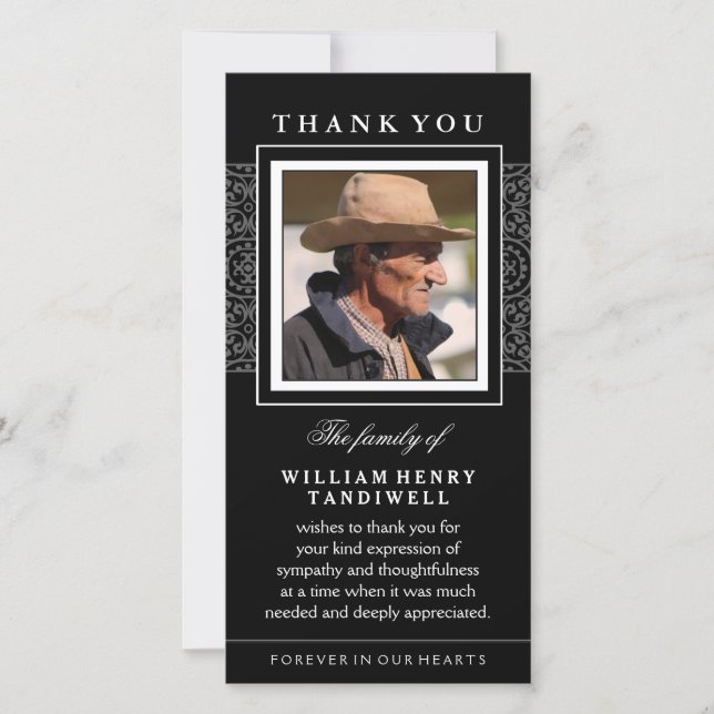 Black Elegance Thank You Memorial Photo Card (Front)