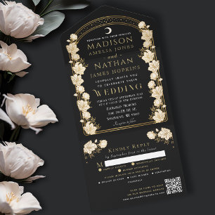 Black Elegant Arch Art Nouveau QR Code Wedding All In One Invitation