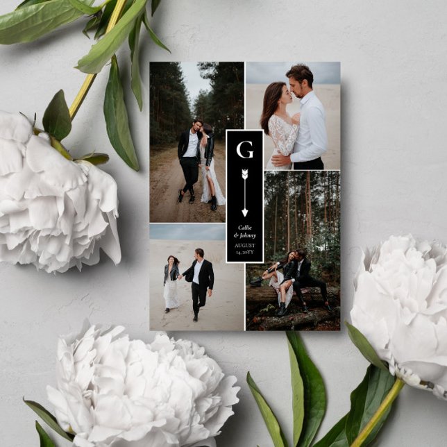 Black Elegant Arrow Wedding Photo Collage Thank You Card (Creator Uploaded)