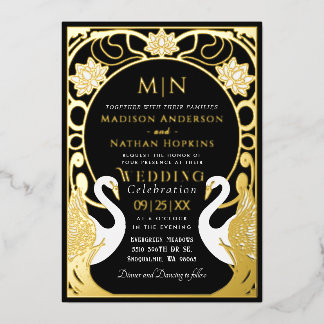 Black Elegant Art Nouveau Swans Wedding Invitation