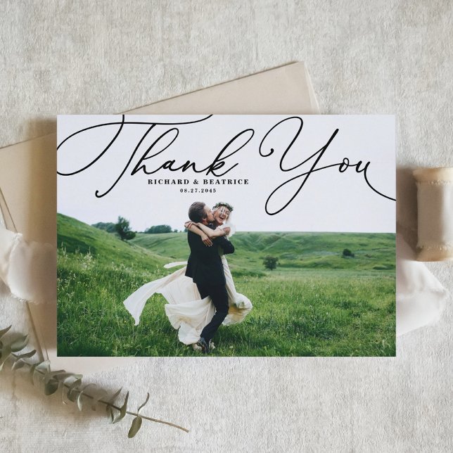 Black Elegant Beatrice Script Photo Wedding Thank You Card (Creator Uploaded)